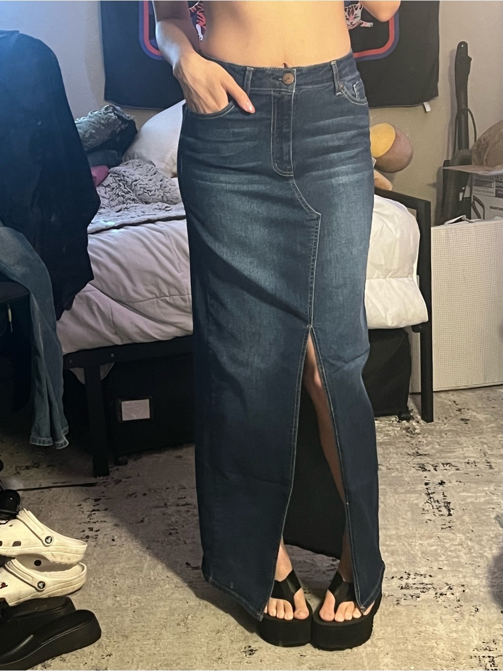 1822 Denim Dark Blue High-Rise Maxi Skirt with Front Center Slit